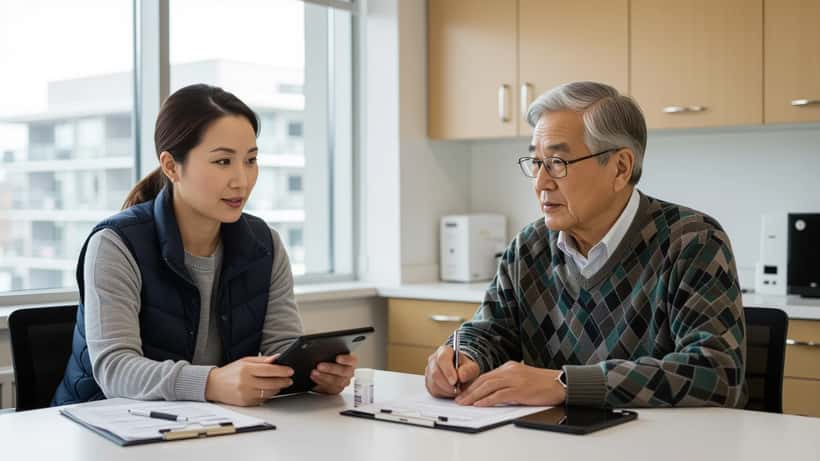 Doctor consulting with an elderly Chinese-Canadian man and his adult daughter at a medical office in Vancouver