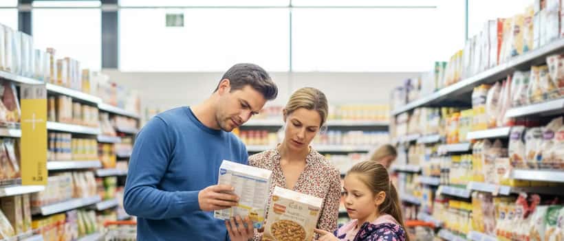 Nederlands gezin in supermarkt vergelijkt voedingsetiketten op verpakte producten