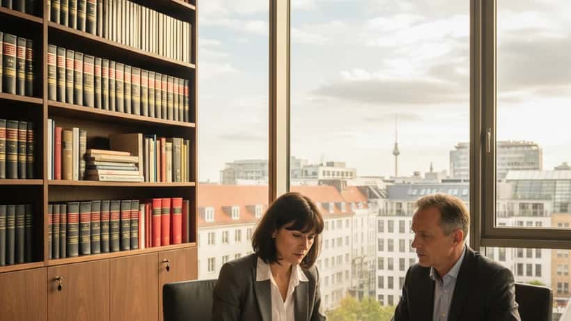 Frau im Blazer bespricht Arbeitsvertrag mit Anwalt in modernem Berliner Büro