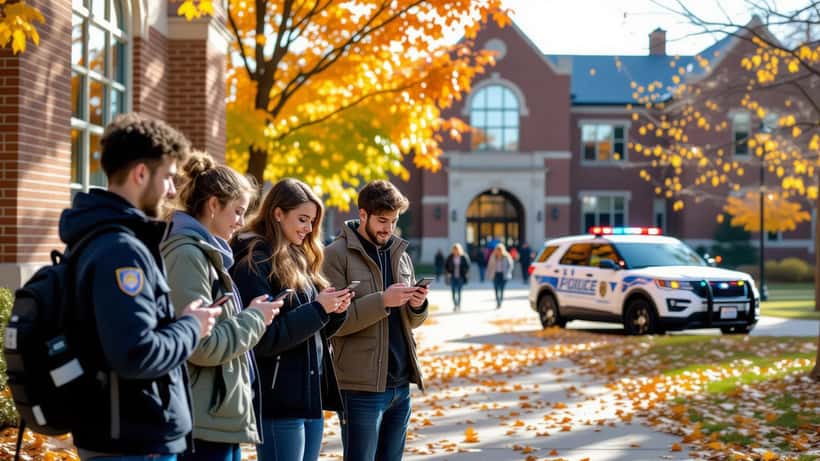 Students checking alert messages on their phones outside a brick building on an Ohio university campus