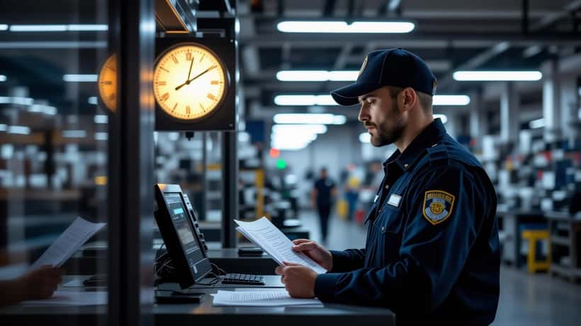 Nachtschicht-Arbeitnehmer prüft Dienstplan und Uhr in der Zeitumstellungsnacht Oktober 2026