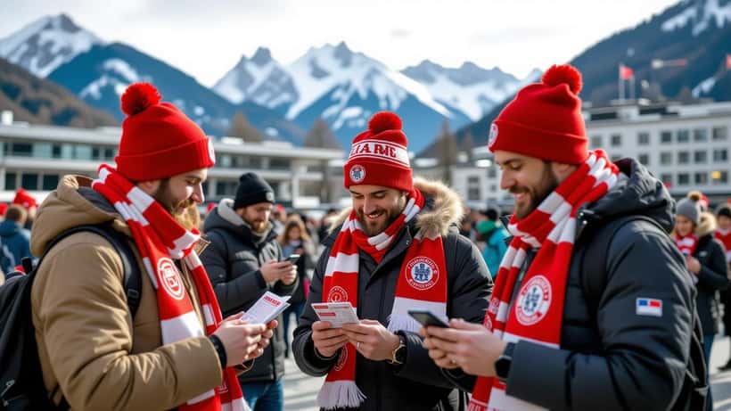 Football fans checking tickets and booking confirmations outside a stadium in Salzburg, Austria