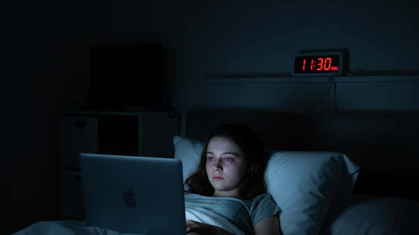 Teenage girl watching Netflix late at night in dark bedroom, tired, blue screen glow