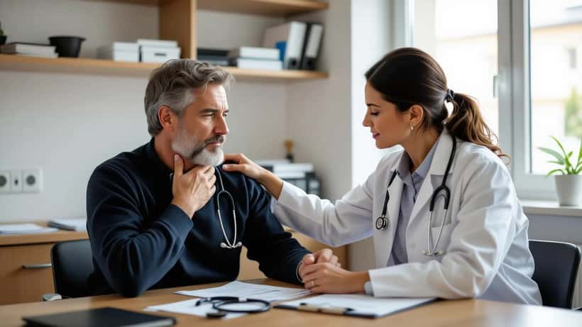 Médecin généraliste palpant les ganglions du cou d'un patient fatigué dans son cabinet