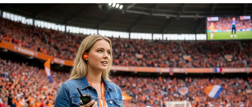 Vrouwelijke journalist met oordoppen in druk stadion