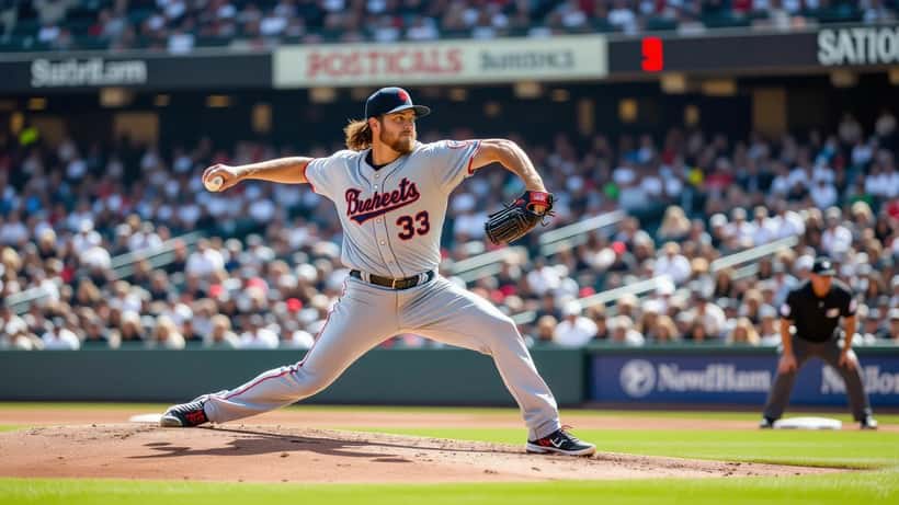Lanzador derecho en pleno movimiento de pitcheo en estadio de béisbol de las Grandes Ligas, mecánica de brazo y hombro