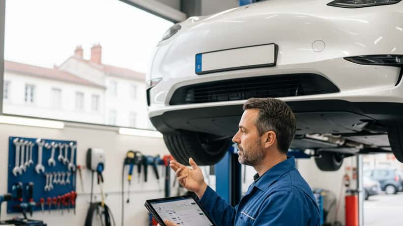 Mécanicien spécialisé inspectant une Tesla Model Y sur un pont élévateur dans un atelier automobile à Lyon
