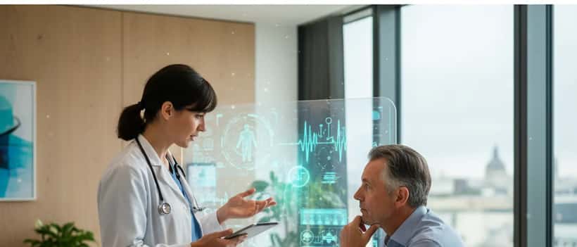 Médecin français en consultation dans un cabinet moderne, illustrant l'équilibre entre télémédecine et consultation en personne