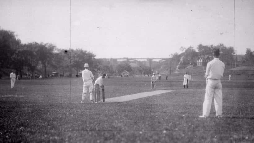 Cricket match in Riverdale Park Toronto showing Canadian players on the field