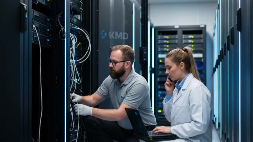 Serverrum i et moderne datacenter med rækkede serverreoler og blå LED-belysning