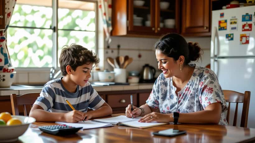 Mãe e filho calculando os pontos da tabela da Série B em um caderno na mesa da cozinha