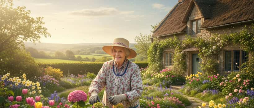 An elderly woman tending her garden in spring, gloves on, surrounded by flowers