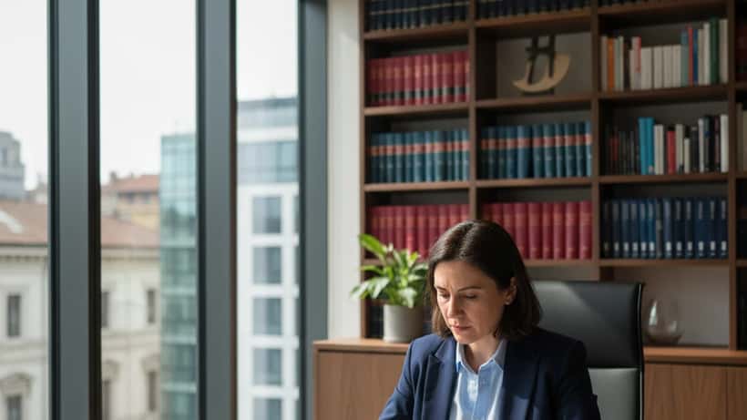 Avvocata italiana che esamina un contratto di lavoro in uno studio legale a Milano