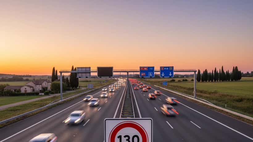 Autoroute française de nuit avec panneaux de limitation de vitesse à 130 km/h