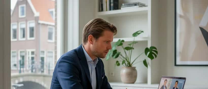Nederlandse professional in pak die een verhit livestream-debat op laptop bekijkt, bezorgde uitdrukking, thuiskantoor