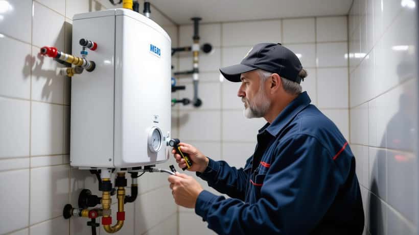 Proprietário inspeciona caldeira a gás em apartamento lisboeta antes da descida de temperatura