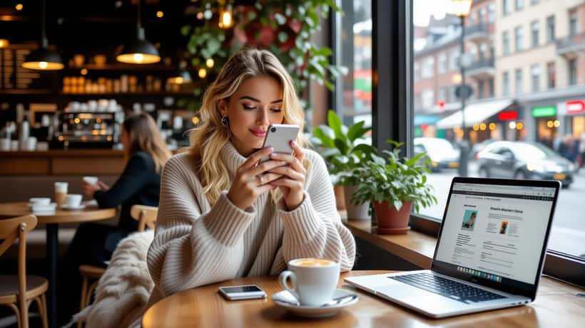 Kvinna håller i titanium-smartphone och jämför priser på laptop i Stockholmscafé