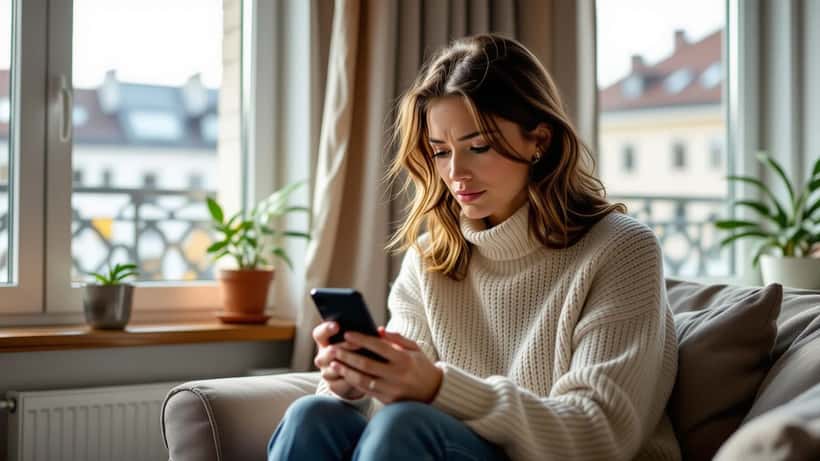 Frau schaut ängstlich auf Smartphone mit Erdbebenberichten in Wiener Wohnung