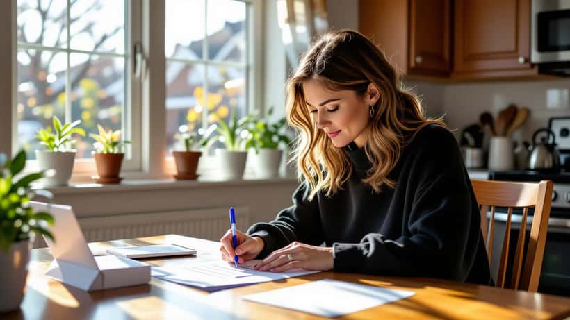 Canadian voter filling out an Elections Canada mail-in ballot kit at a kitchen table, blue pen in hand