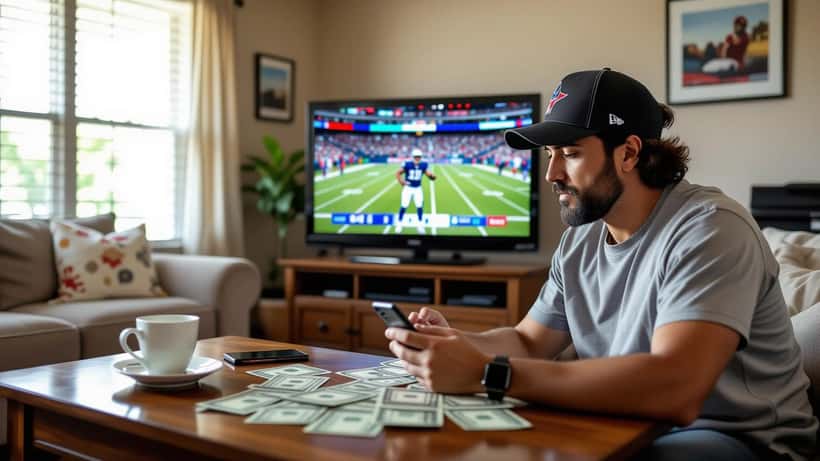 Hombre latino estresado mirando app de apuestas NFL en su teléfono con dinero en efectivo sobre la mesa