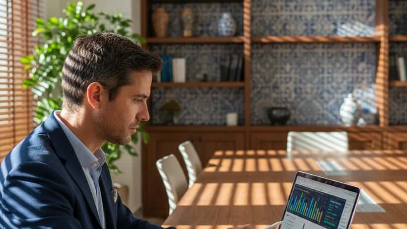 Consultor financeiro português analisa gráficos de investimento em Lisboa