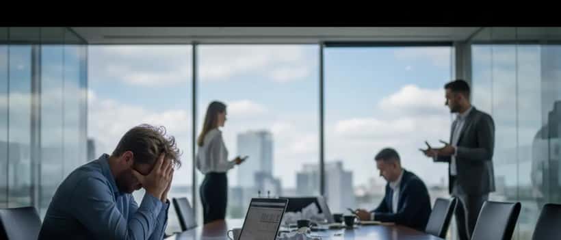 Gestresster Büroangestellter sitzt allein am Konferenztisch während Kollegen wegschauen