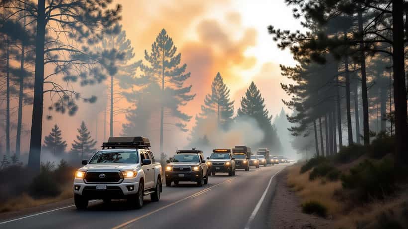 Convoi de voitures dans la fumée lors des évacuations des feux de forêt en Gironde, juillet 2026