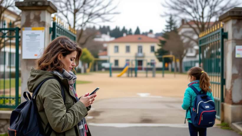 Mãe a ler aviso de greve junto ao portão fechado de uma escola em Portugal