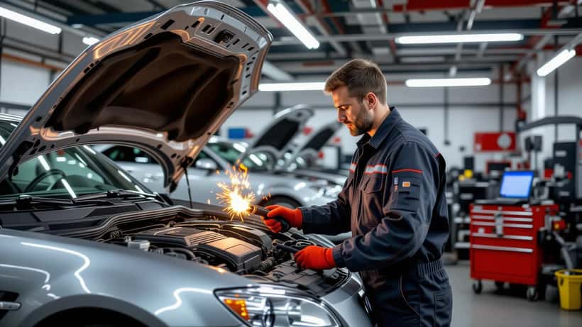 Mécanicien inspectant le compartiment moteur d'une voiture de sport dans un garage spécialisé