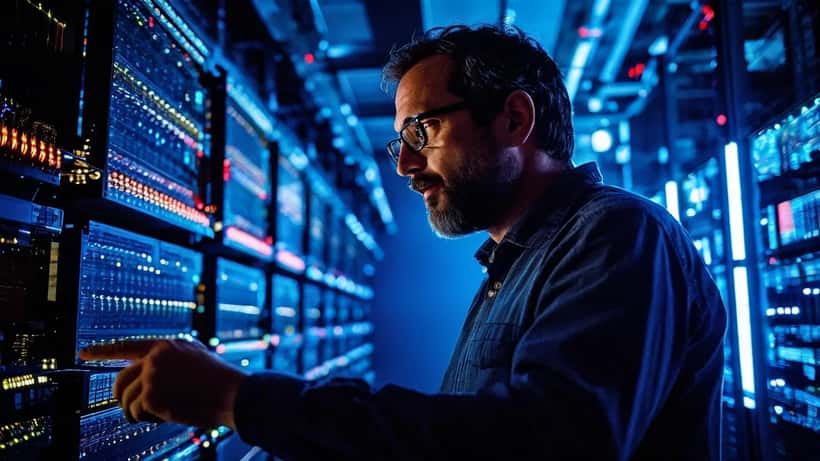 Consulente IT esamina diagrammi di quantum computing in un data center moderno