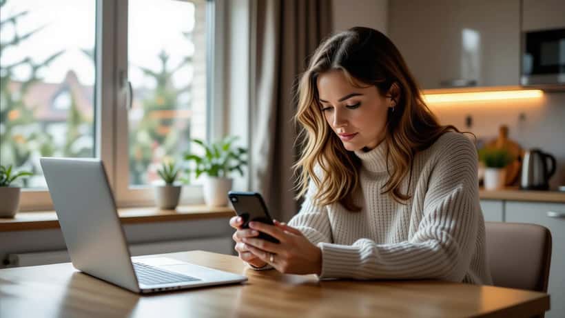 UK woman alarmed at data breach notification on smartphone, GDPR document on kitchen table