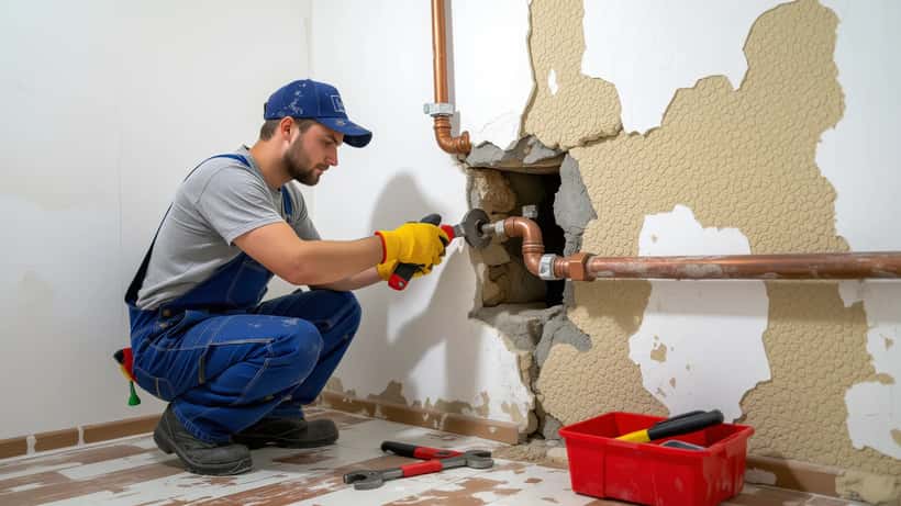 Österreichischer Klempner repariert einen Rohrbruch hinter geöffneter Wand in einer Wiener Mietwohnung