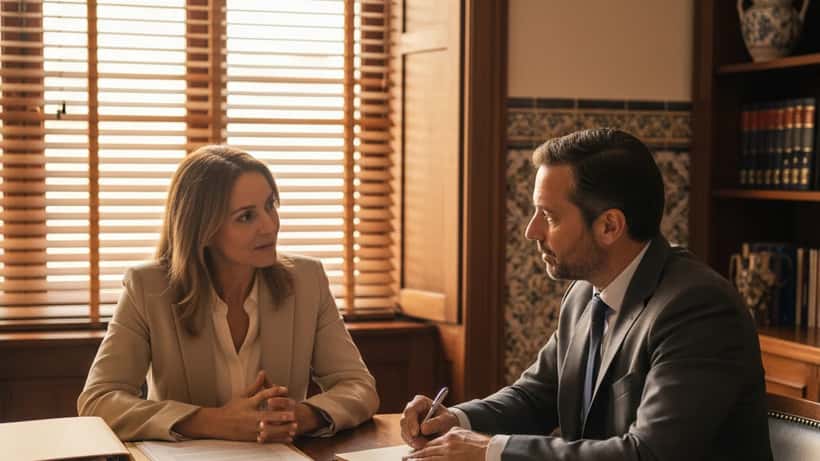 Mulher portuguesa em consulta com advogado sobre desaparecimento de familiar