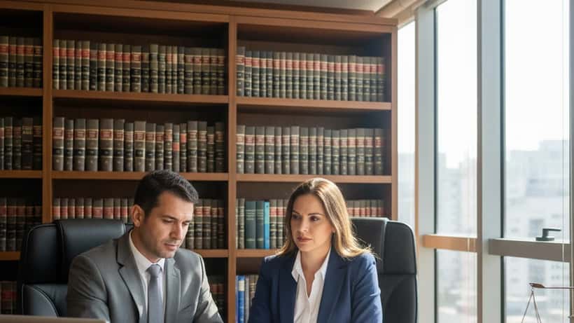 Trabalhadora brasileira em consulta com advogado trabalhista em escritório moderno em São Paulo