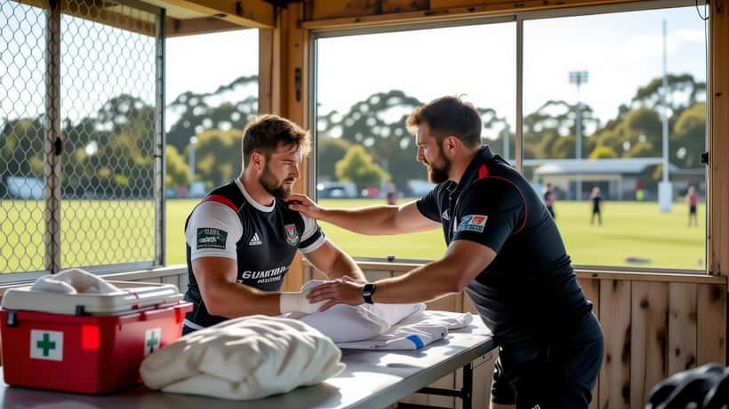 Club physio assessing a rugby player's shoulder in a suburban clubhouse after a Saturday match