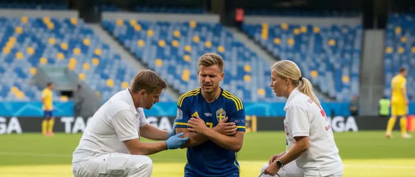 Fotbollsspelare med skadad hand på sidlinjen med medicinsk personal som hjälper till