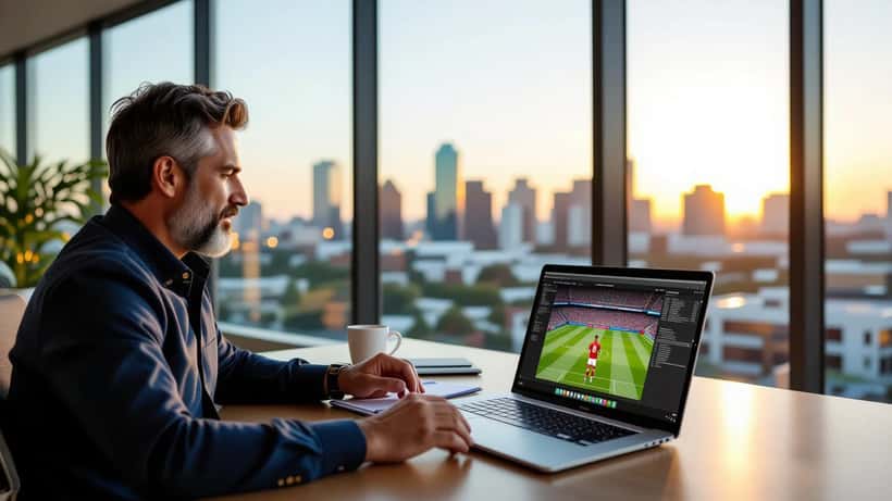 Empresario latino revisa documentos de adquisición en oficina de San Antonio mientras ve el partido de Serie A en su computadora
