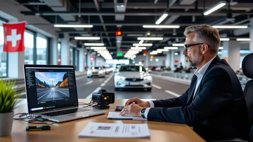 Expert IT analysant des images dashcam d'un faux-sens sur autoroute suisse avec documents nLPD