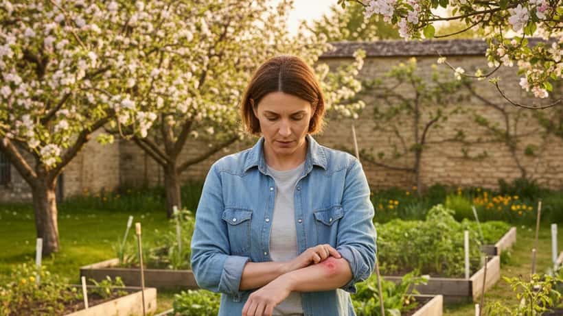 Femme française examinant une piqûre d'insecte dans son jardin au printemps