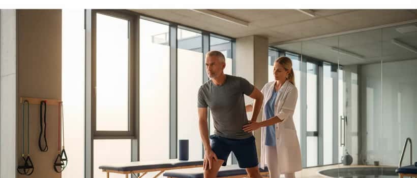 Mann beim Stretching mit sportmedizinischer Betreuung in einem modernen Fitnessstudio