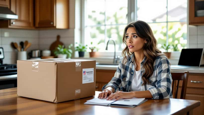 Mujer latina leyendo una notificación de aranceles de aduanas de EE.UU. junto a una caja de envío en su cocina, 2026