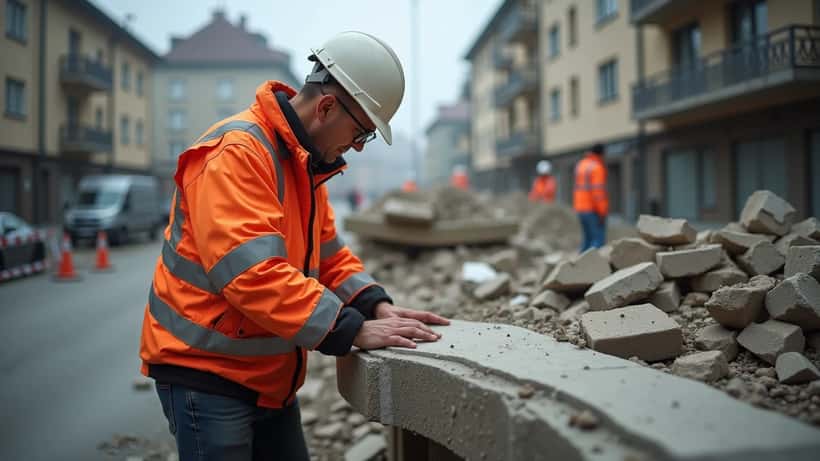 Inspecteur de sécurité en gilet orange examinant les débris d'un chantier de démolition à Stäfa, canton de Zurich