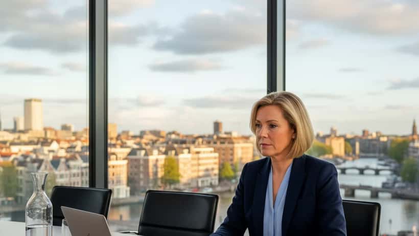Directrice in zakelijke kleding bestudeert contractdocumenten in een moderne vergaderzaal in Amsterdam