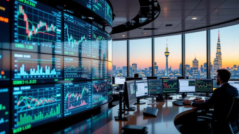 Graphiques boursiers et silhouettes d'infrastructures énergétiques symbolisant l'action EDF en 2026