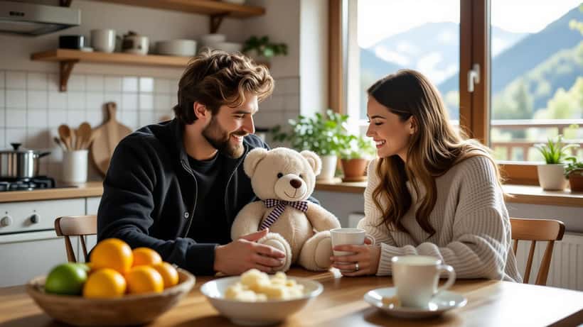 Parent examinant une peluche rappelée avec étiquette de sécurité dans une maison familiale suisse