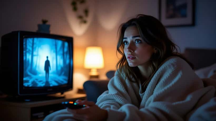Femme seule regardant un film d'horreur dans un appartement montréalais sombre, lumière bleue de la télévision