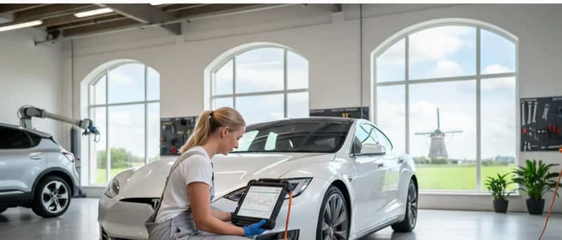 Monteur inspecteert een moderne elektrische auto in een schone Nederlandse autoworkshop met diagnostisch apparaat