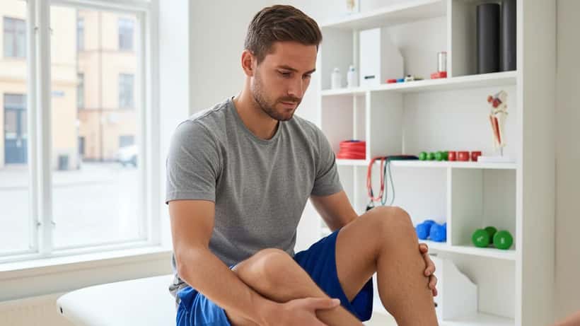 Svensk fotbollsspelare med ankelskada på rehabbord hos sjukgymnast i Göteborg