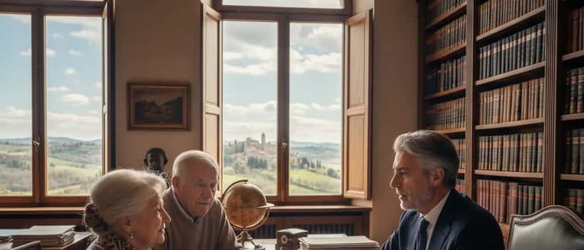 Consulente patrimoniale italiano con una coppia anziana discute la pianificazione successoria