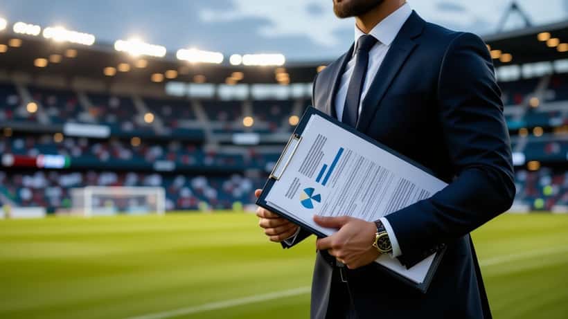 Velklædt tidligere atlet i mørkt jakkesæt med forretningsdokumenter ved et fodboldstadion